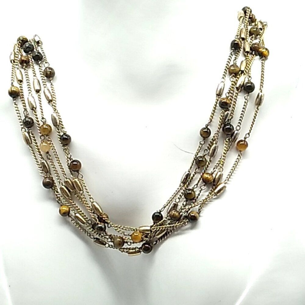 Tigers Eye Multi Chain Metal Bead Necklace Choker Gold Tone 16-18"